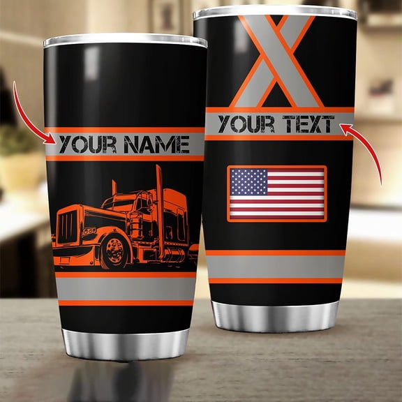 Personalized Trucker 20 oz Tumbler with Custom Name, American Flag, Stainless Steel Travel Mug, Gift for Truck Drivers, Haulers & Road Warriors