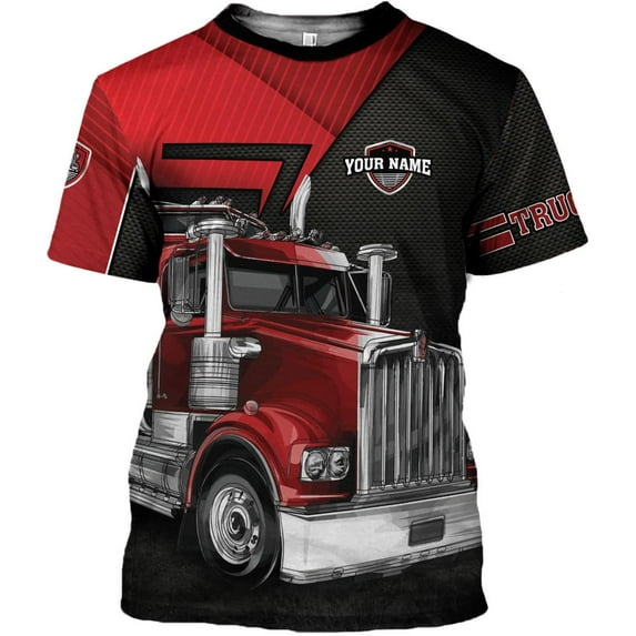 Personalized Trucker Shirt Custom US Flag Truck Driver Hoodie T-Shirt Funny Trucker Shirts Gift 3D for Men & Women Trucking (Red, XL)