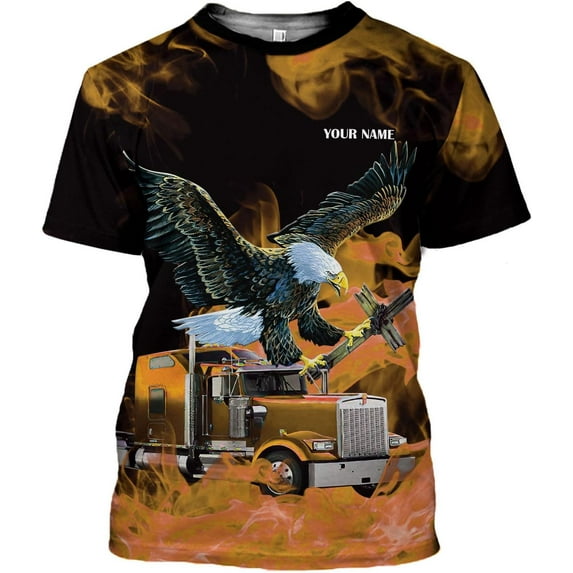 Personalized Trucker Shirt Custom US Flag Truck Driver Hoodie T-Shirt Funny Trucker Shirts Gift 3D for Men & Women Trucking (Yellow, 4XL)