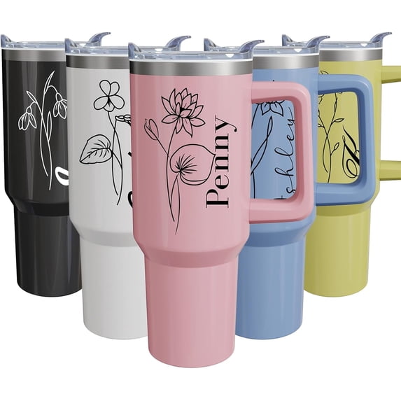 Personalized Tumbler Custom Name Birth Floral Flower 40 oz Tumblers with Handle and Straw Stainless Steel Insulated Personalized Coffee Cup Mug Christmas Birthday Gifts for Men Women