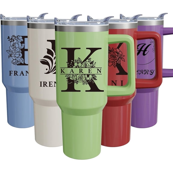Personalized Tumbler Custom Name Monogram Logo 40 oz Tumblers with Handle and Straw Stainless Steel Insulated Personalized Coffee Cup Mug Christmas Birthday Gifts for Men Women
