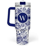 Personalized Tumbler with Handle 40oz, Monogrammed Tumbler with Letter W, Initial Gifts for Women Girls, Insulated Coffee Cup with Straw, Custom Gift for Birthday Christmas Mothers Day