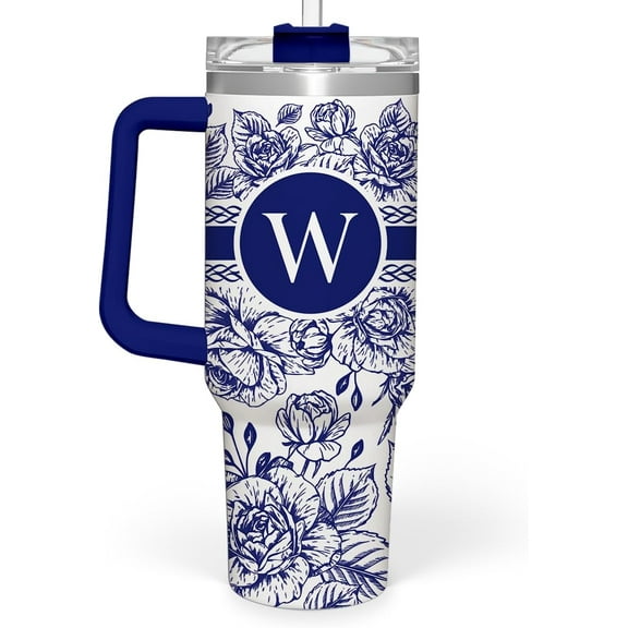 Personalized Tumbler with Handle 40oz, Monogrammed Tumbler with Letter W, Initial Gifts for Women Girls, Insulated Coffee Cup with Straw, Custom Gift for Birthday Christmas Mothers Day
