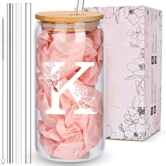 Personalized Tumbler, Monogrammed Can Glass Cups with Bamboo Lids and Straws, Customized Gifts for Women, Cute Design Initial Iced Coffee glasses, Custom Letter Mug, Birthday Bridesmaid, K