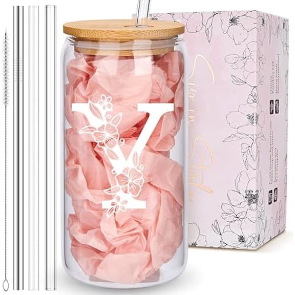 Personalized Tumbler, Monogrammed Can Glass Cups with Bamboo Lids and Straws, Customized Gifts for Women, Cute Design Initial Iced Coffee glasses, Custom Letter Mug, Birthday Bridesmaid, Y