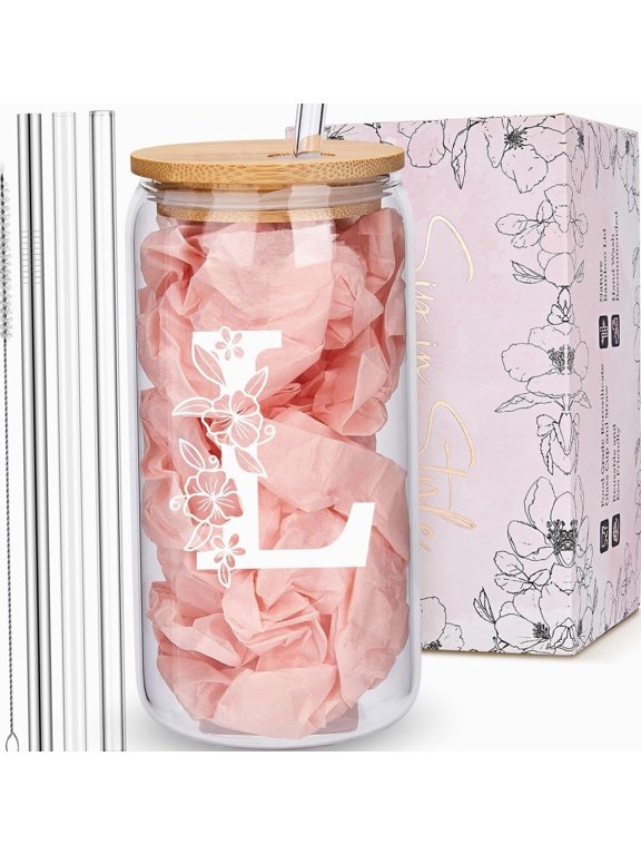 Personalized Tumbler with Monogrammed Can Glass Cups with 16 Ounces, Clear