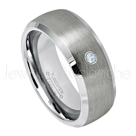 Personalized Tungsten Wedding Band - 0.07ct Solitaire Aquamarine Ring - 8mm Semi-Dome Beveled Edge Tungsten Ring - Custom Made March Birthstone Ring TN007