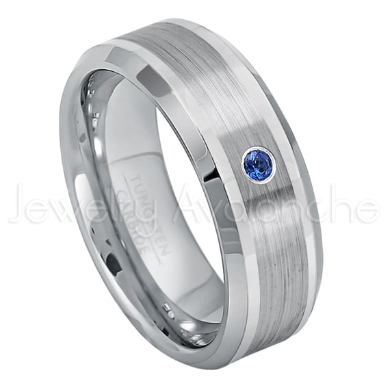 Personalized Tungsten Wedding Band - 0.07ct Solitaire Blue Sapphire Ring - 8mm Beveled Edge Tungsten Ring - Custom Made September Birthstone Ring TN002