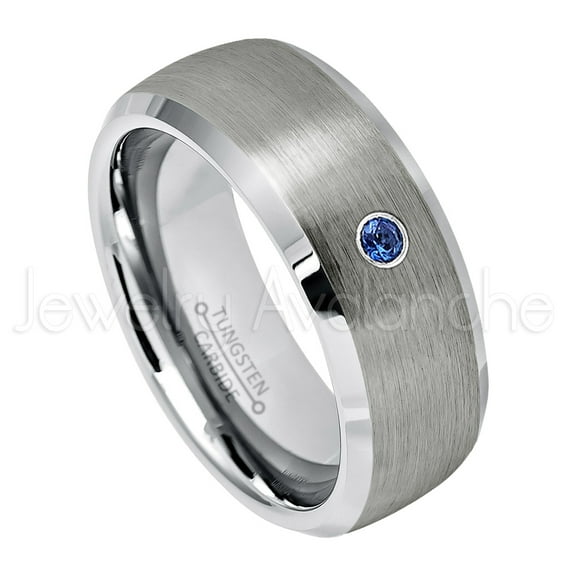 Personalized Tungsten Wedding Band - 0.07ct Solitaire Blue Sapphire Ring - 8mmSemi-Dome Beveled Edge Tungsten Ring - Custom Made September Birthstone Ring