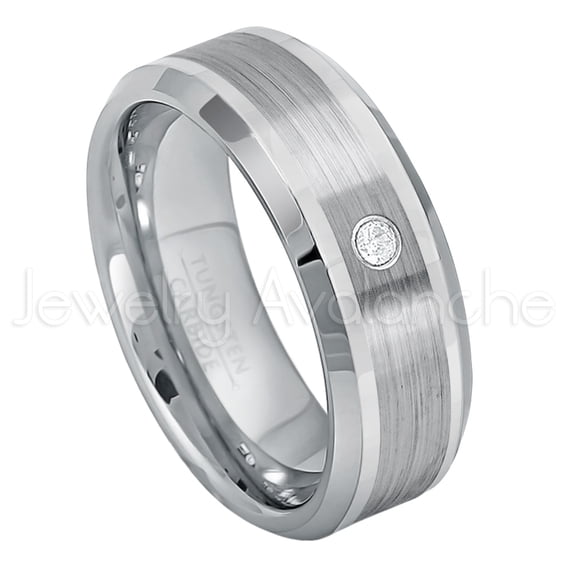 Personalized Tungsten Wedding Band - 0.07ct Solitaire Diamond Ring - 8mm Beveled Edge Tungsten Ring - Custom Made April Birthstone Ring