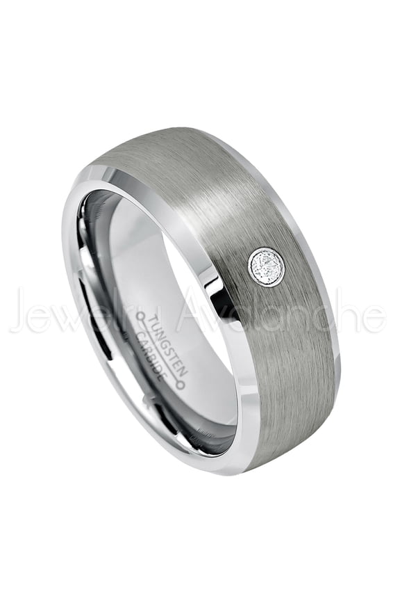 Personalized Tungsten Wedding Band - 0.07ct Solitaire Diamond Ring - 8mm Semi-Dome Beveled Edge Tungsten Ring - Custom Made April Birthstone Ring TN007