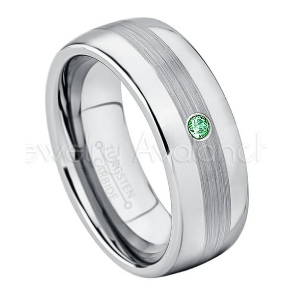 Personalized Tungsten Wedding Band - 0.07ct Solitaire Emerald Ring - 8mm Mens Dome Tungsten Ring - Custom Made May Birthstone Ring TN022BS