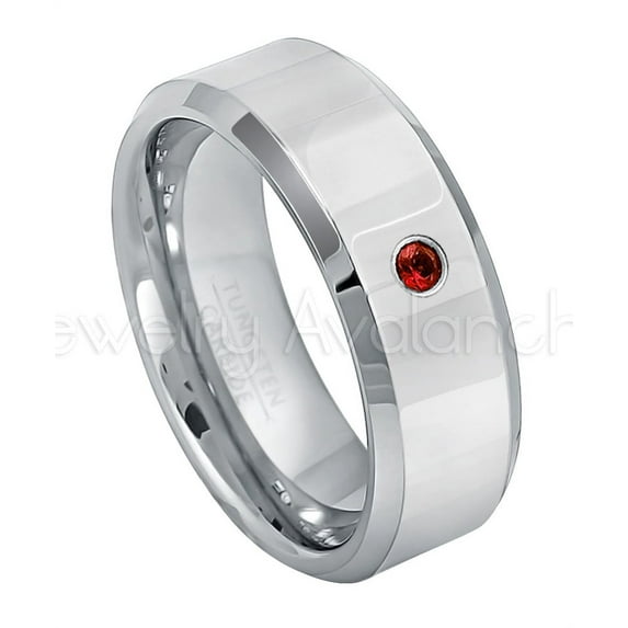 Personalized Tungsten Wedding Band - 0.07ct Solitaire Garnet Ring - 8mm Beveled Edge Polished Tungsten Ring - Custom Made January Birthstone Ring TN009BS