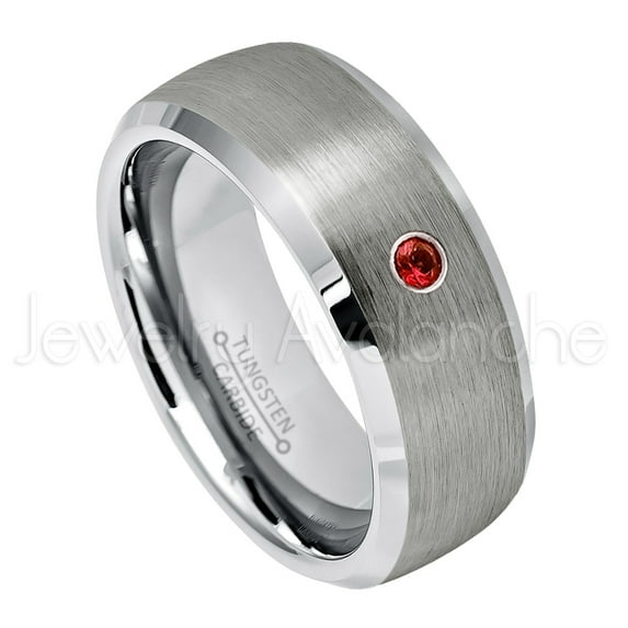 Personalized Tungsten Wedding Band - 0.07ct Solitaire Garnet Ring - 8mmSemi-Dome Beveled Edge Tungsten Ring - Custom Made January Birthstone Ring