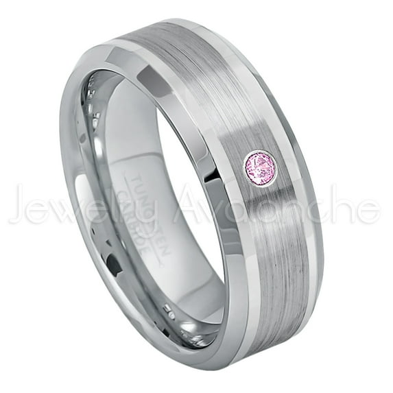 Personalized Tungsten Wedding Band - 0.07ct Solitaire Pink Tourmaline Ring - 8mm Beveled Edge Tungsten Ring - Custom Made October Birthstone Ring TN002