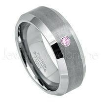 Personalized Tungsten Wedding Band - 0.07ct Solitaire Pink Tourmaline Ring - 8mm Beveled Edge Mens Tungsten Ring - Custom Made October TN003BS
