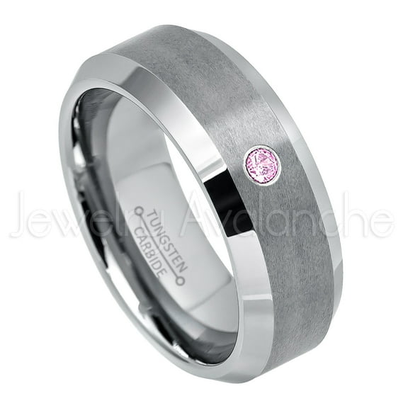 Personalized Tungsten Wedding Band - 0.07ct Solitaire Pink Tourmaline Ring - 8mm Beveled Edge Mens Tungsten Ring - Custom Made October TN003BS