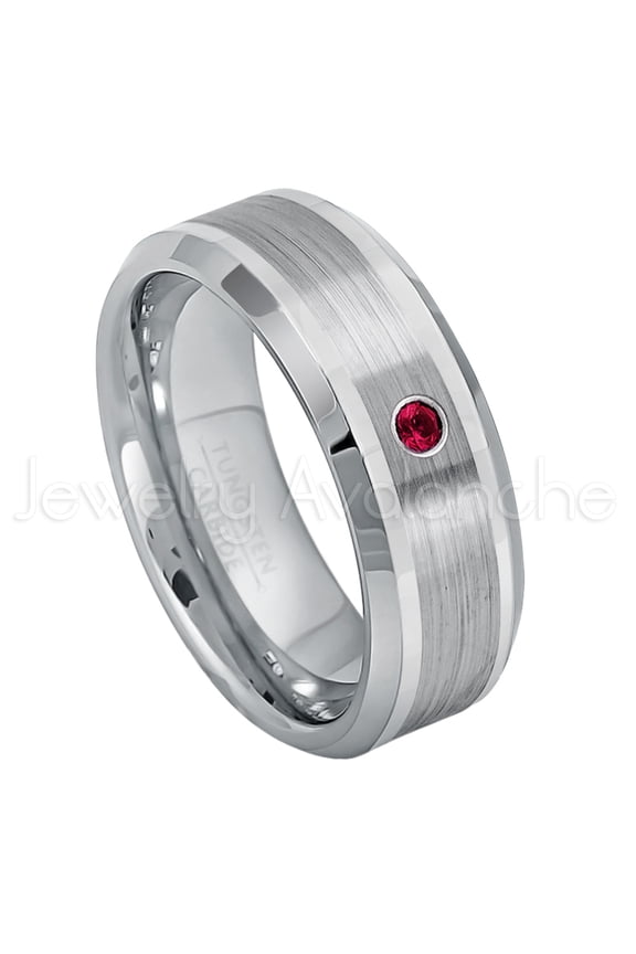 Personalized Tungsten Wedding Band - 0.07ct Solitaire Ruby Ring - 8mm Beveled Edge Tungsten Ring - Custom Made July Birthstone Ring TN002