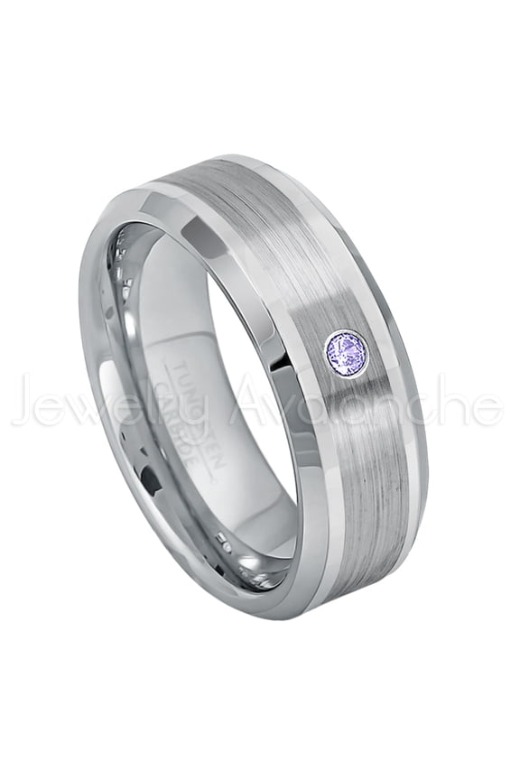 Personalized Tungsten Wedding Band - 0.07ct Solitaire Tanzanite Ring - 8mm Beveled Edge Tungsten Ring - Custom Made December Birthstone Ring TN002
