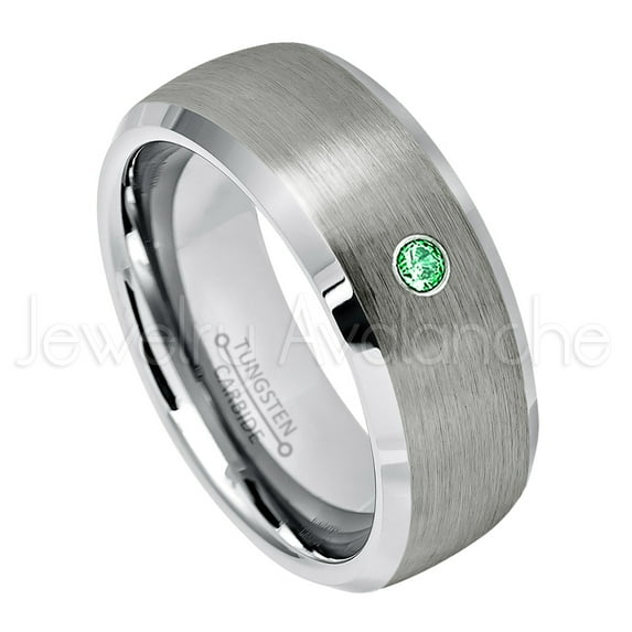 Personalized Tungsten Wedding Band - 0.07ct Solitaire Tsavorite Ring - 8mmSemi-Dome Beveled Edge Tungsten Ring - Custom Made January Birthstone Ring
