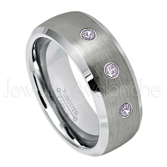 Personalized Tungsten Wedding Band - 0.21ctw Amethyst 3-stone Band - 8mmSemi-Dome Beveled Edge Tungsten Ring - Custom Made February Birthstone Ring