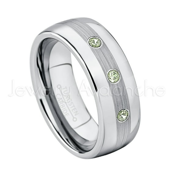 Personalized Tungsten Wedding Band - 0.21ctw Peridot 3-stone Band - 8mm Mens Dome Tungsten Ring - Custom Made August Birthstone Ring TN022BS