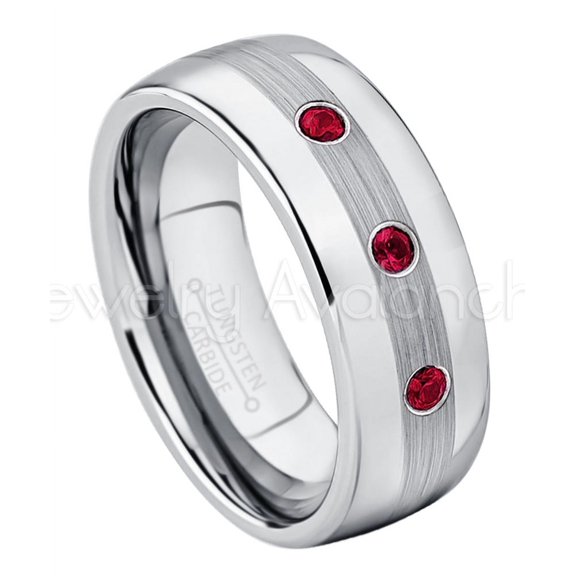 Personalized Tungsten Wedding Band - 0.21ctw Ruby 3-stone Band - 8mm Mens Dome Tungsten Ring - Custom Made July Birthstone Ring TN022BS