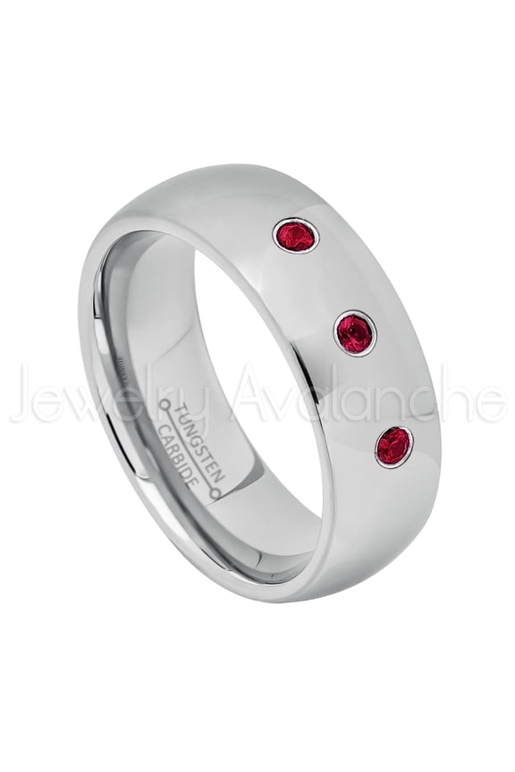 Personalized Tungsten Wedding Band - 0.21ctw Ruby 3-stone Band - 8mm Polished Dome Tungsten Ring - Custom Made July Birthstone Ring TN013BBS