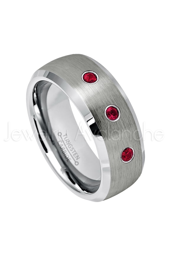 Personalized Tungsten Wedding Band - 0.21ctw Ruby 3-stone Band - 8mmSemi-Dome Beveled Edge Tungsten Ring - Custom Made July Birthstone Ring