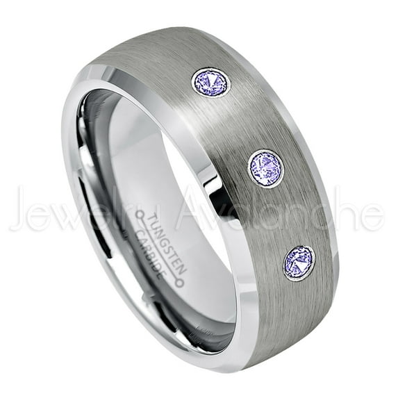 Personalized Tungsten Wedding Band - 0.21ctw Tanzanite 3-stone Band - 8mmSemi-Dome Beveled Edge Tungsten Ring - Custom Made December Birthstone Ring