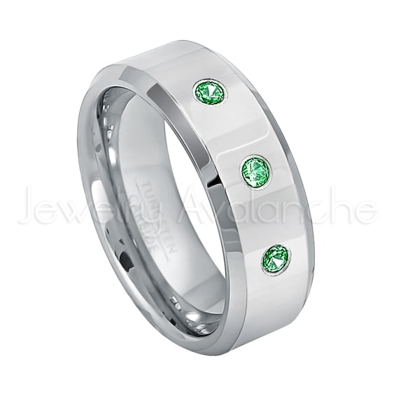 Personalized Tungsten Wedding Band - 0.21ctw Tsavorite 3-stone Band - 8mm Beveled Edge Polished Tungsten Ring - Custom Made January Birthstone Ring TN009BS