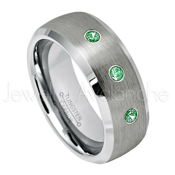 Personalized Tungsten Wedding Band - 0.21ctw Tsavorite 3-stone Band - 8mmSemi-Dome Beveled Edge Tungsten Ring - Custom Made January Birthstone Ring