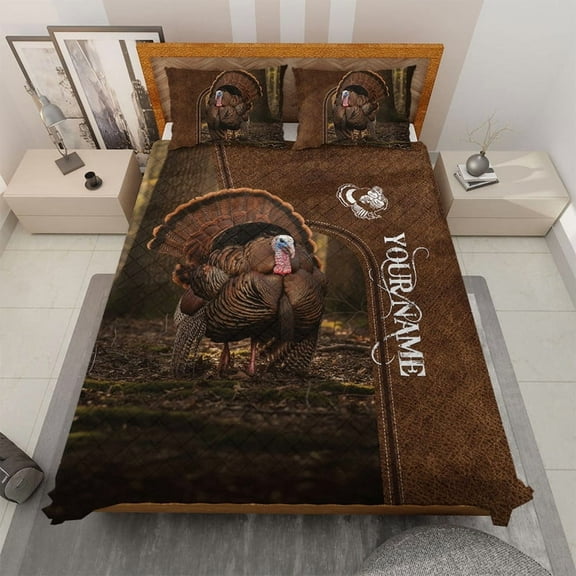 Personalized Turkey Hunting Quilt Bed Set – Custom Wild Turkey Hunter Quilt Bedding Set, Hunting Theme Quilt Blanket & Pillowcases - Christmas, Birthday Present for Hunting Men & Outdoor Lovers