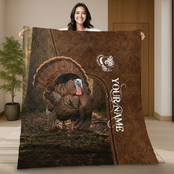 Personalized Turkey Hunting Quilt Blanket, Turkey Design Rustic Outdoor Quilt, Unique Hunter Quilt Blanket Gift for Hunting Season, Christmas, Father’s Day & Special Occasions