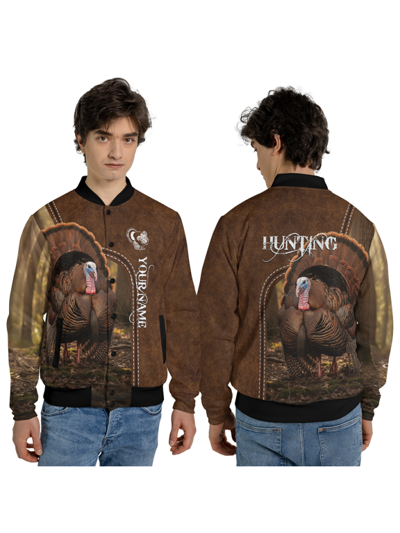 Personalized Turkey Jacket, Custom Name Fall Outdoor Baseball Jacket, Autumn Wildlife Coat For Turkey Lovers