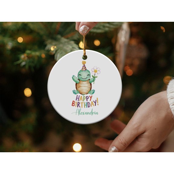 Personalized Turtle Birthday Ceramic Ornament with Custom Name and Flower Design, Cute Happy Birthday Keepsake and Party Gift