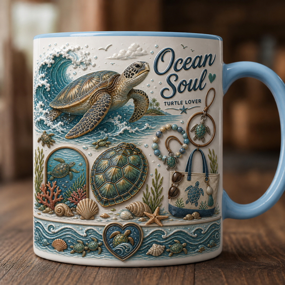 Personalized Turtle Lover Mug Ocean Wave Turtle Shell Custom Name Coffee Cup Gift