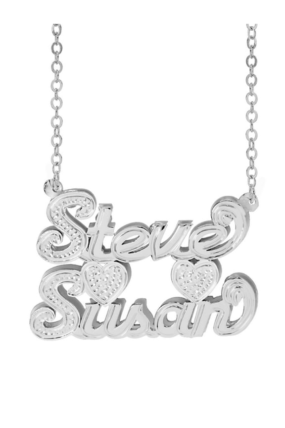 Personalized Two-Name Necklace with Hearts. Beading and Rhodium on First Initial and Hearts