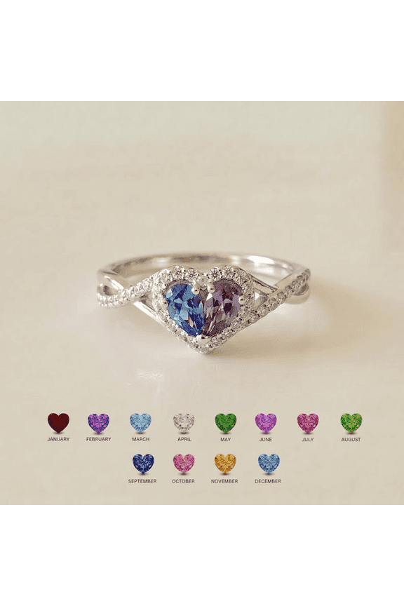 Personalized Two Stone Heart Birthstone Ring | Split Design Custom Color Mom and Daughter Birthstone Ring | Heartfelt Family Jewelry