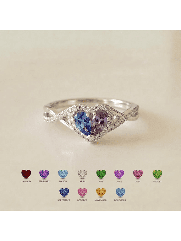 Personalized Two Stone Heart Birthstone Ring | Split Design Custom Color Mom and Daughter Birthstone Ring | Heartfelt Family Jewelry