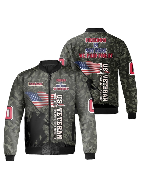 Personalized U.S. Veteran Bomber Jacket – Camo Military Style, American Flag Design, “Freedom Is Not Free We Paid For It” - Gift For Veterans & Soldiers