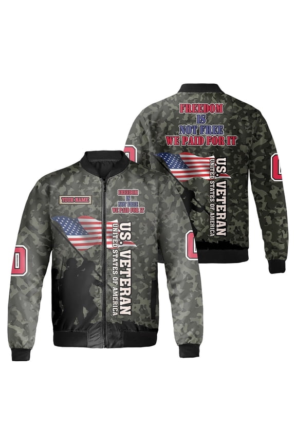 Personalized U.S. Veteran Bomber Jacket – Camo Military Style, American Flag Design, “Freedom Is Not Free We Paid For It” - Gift For Veterans & Soldiers