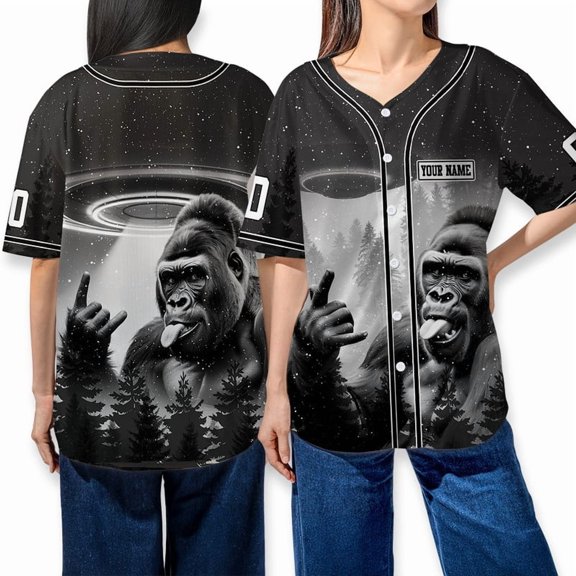 Personalized UFO Gorilla Rock and Roll Hand Baseball Shirt - Custom Alien & Snowy Forest Design, Gift for Men and Women