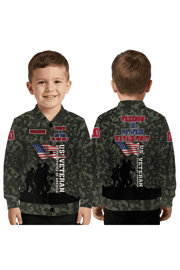 Personalized US Veteran Baseball Jacket – Freedom Is Not Free Patriotic Military Baseball Jacket, Custom Name American Flag Jacket
