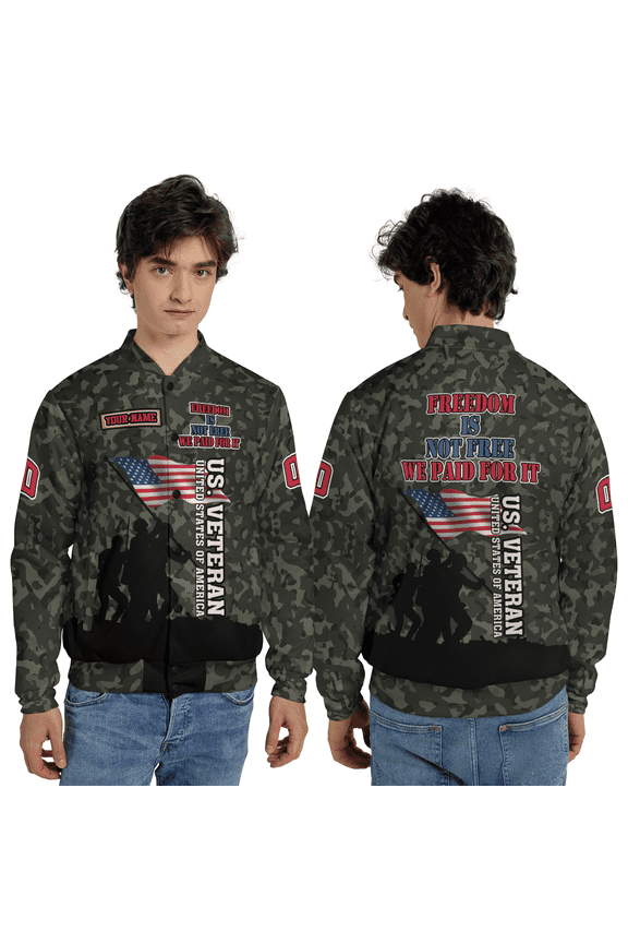 Personalized US Veteran Baseball Jacket – Freedom Is Not Free Patriotic Military Baseball Jacket, Custom Name American Flag Jacket