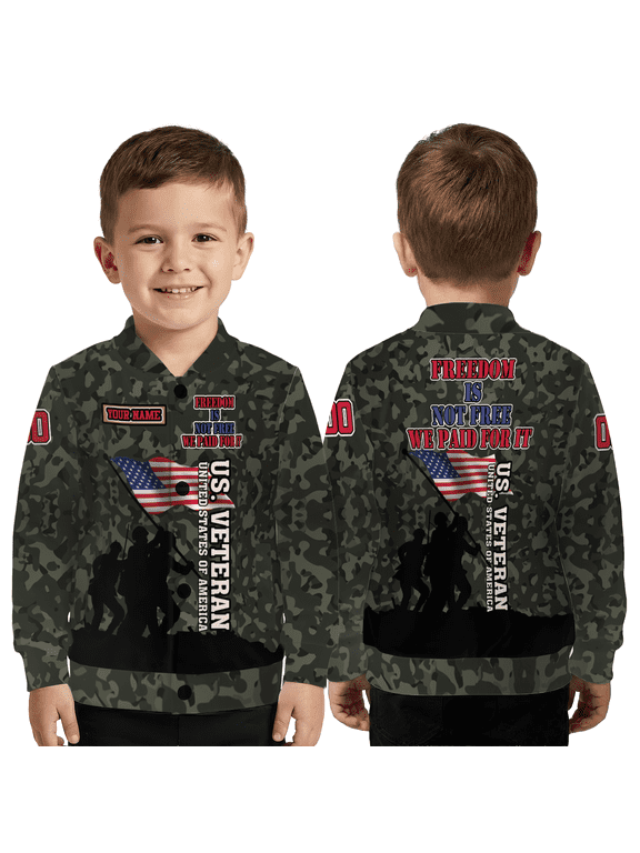 Personalized US Veteran Jacket – Freedom Is Not Free Patriotic Military Baseball Jacket, Custom Name American FlagCoat