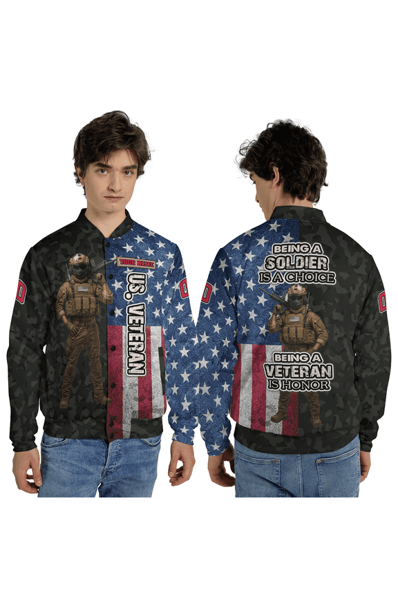 Personalized US Veteran Patriotic Baseball Jacket, Freedom Is Not Free Military Baseball Jacket, Custom Name USA Flag Soldier Jacket