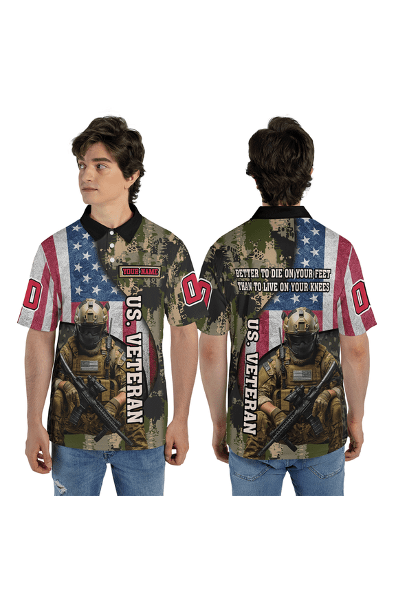 Personalized US Veteran Polo Shirt with American Flag – Custom Patriotic Short Sleeve Collared Shirt for Veterans and Memorial Holidays