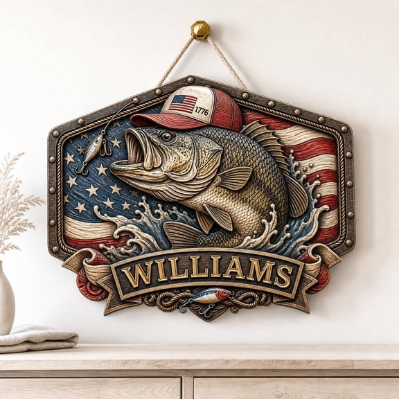 Personalized USA 250th Bass Fishing Wood Sign, Custom Angler Decor