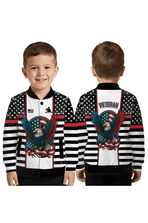Personalized USA Eagle Patriotic Baseball Jacket, Custom Name American Flag Graphic Jacket, US Pride All-Over Print Baseball Jacket